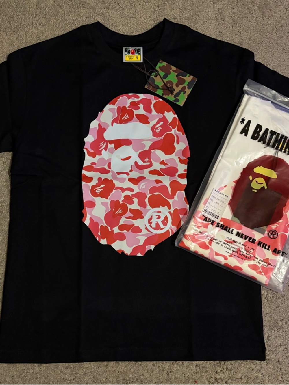 Bape Black Tee with Red and Pink Camo Ape Head